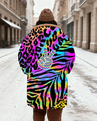 Women's Colorful Leopard Zebra Print Stitching And Peace Gesture Printed Velvet Thickened Long Hooded Coat