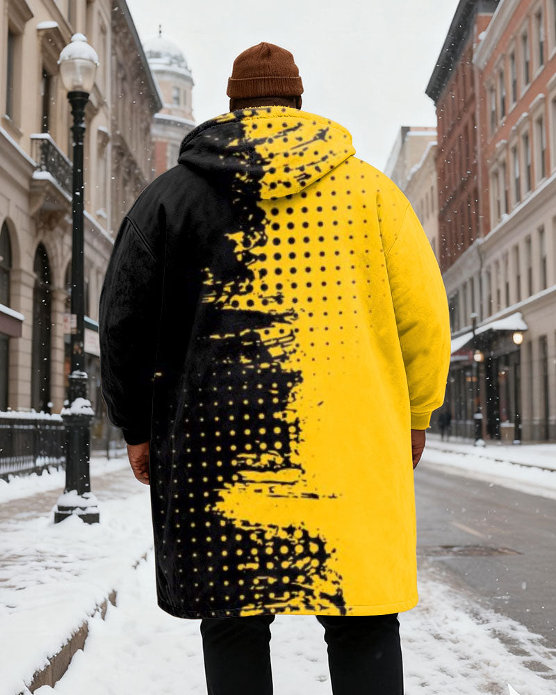 Big & Tall Men's Yellow And Black Dot Contrast Printed Velvet Padded Long Hooded Coat
