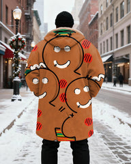 Big & Tall Men's Brown Gingerbread Man Cartoon Printed Velvet Thickened Long Hooded Exterior