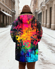 Women's Neon Graffiti Print Velvet Thickened Long Hooded Coat