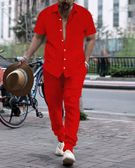 S-3XL Men's Jacquard Striped Shirt Short Sleeve Trousers Suit