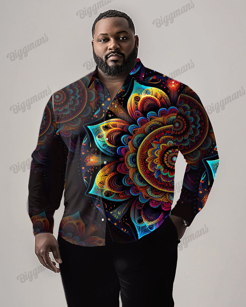 Plus Size Men's Casual Simple Gradient Flowers Print Lapel Long Sleeve Shirt