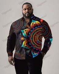 Plus Size Men's Casual Simple Gradient Flowers Print Lapel Long Sleeve Shirt