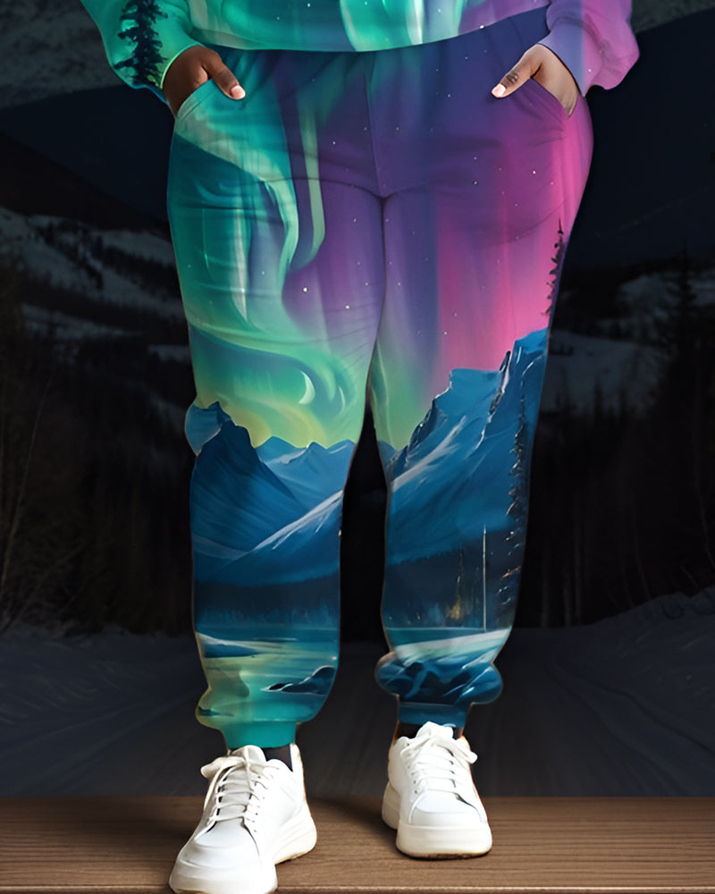 Women  Plus Size aurora borealis northern lights forecast Print Sweatshirt Pants Suit