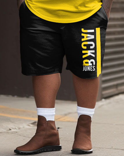 Men's Large Size Simple Letter Stitching Sports Style T-shirt & Shorts Set