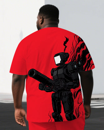 Men's Simple Punk Style Funny Robot Back Print Casual Short-Sleeve T-shirt and Shorts Big & Tall Set