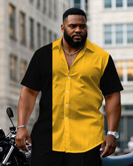 Big & Tall Men's Yellow & Black Color-matching Business Short-sleeved Shirt Pants Suit
