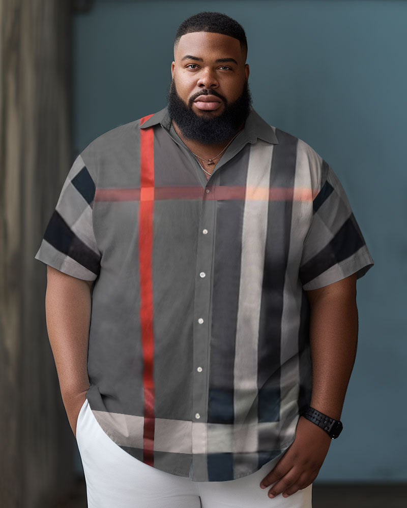 Men's Large Size Business Plaid Color Block Button-down Short Sleeve Shirt