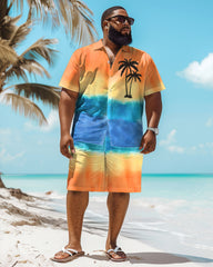 Big and Tall Guys Hawaiian Gradient Coconut Tree Print Shirt Shorts Set