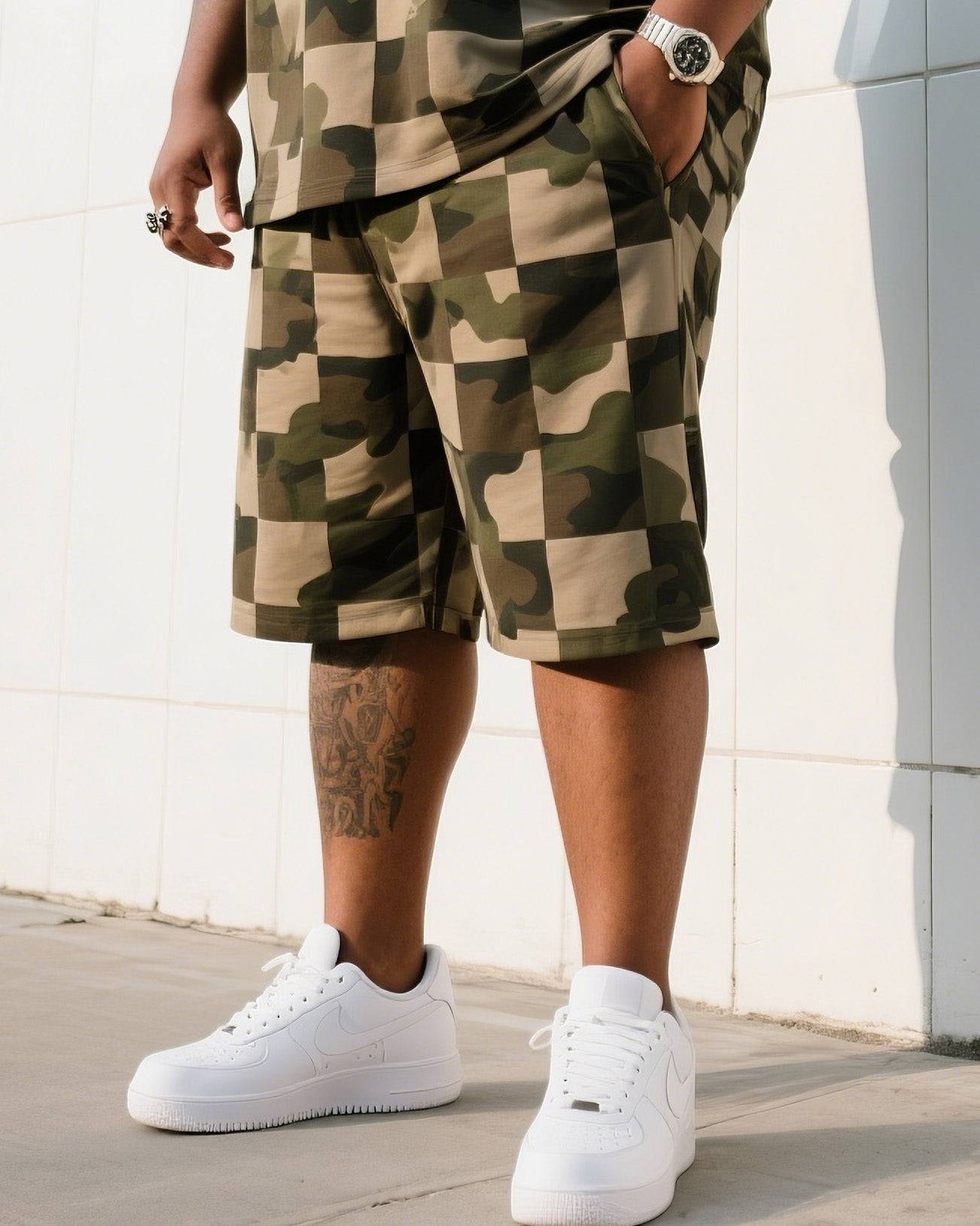 Big Man's Daily Leisure Outdoor Activities Creative Checkered Camouflage Short Sleeve Shirt Shorts Suit
