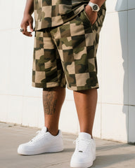 Big Man's Daily Leisure Outdoor Activities Creative Checkered Camouflage Short Sleeve Shirt Shorts Suit