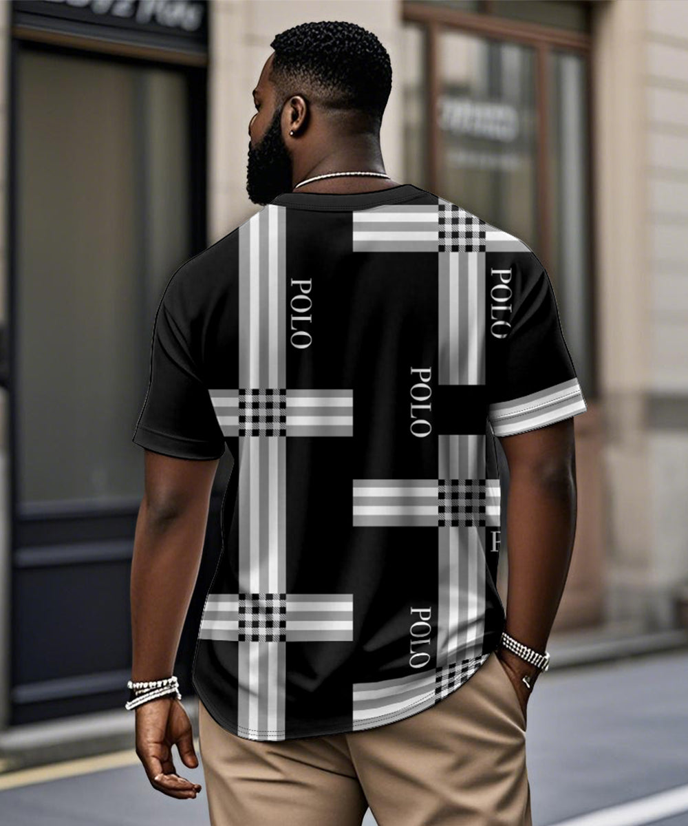 Men's Plus Size Daily Casual Black Striped Alphabet Print Henry Collar Button Short Sleeve T-Shirt