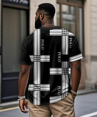 Men's Plus Size Daily Casual Black Striped Alphabet Print Henry Collar Button Short Sleeve T-Shirt
