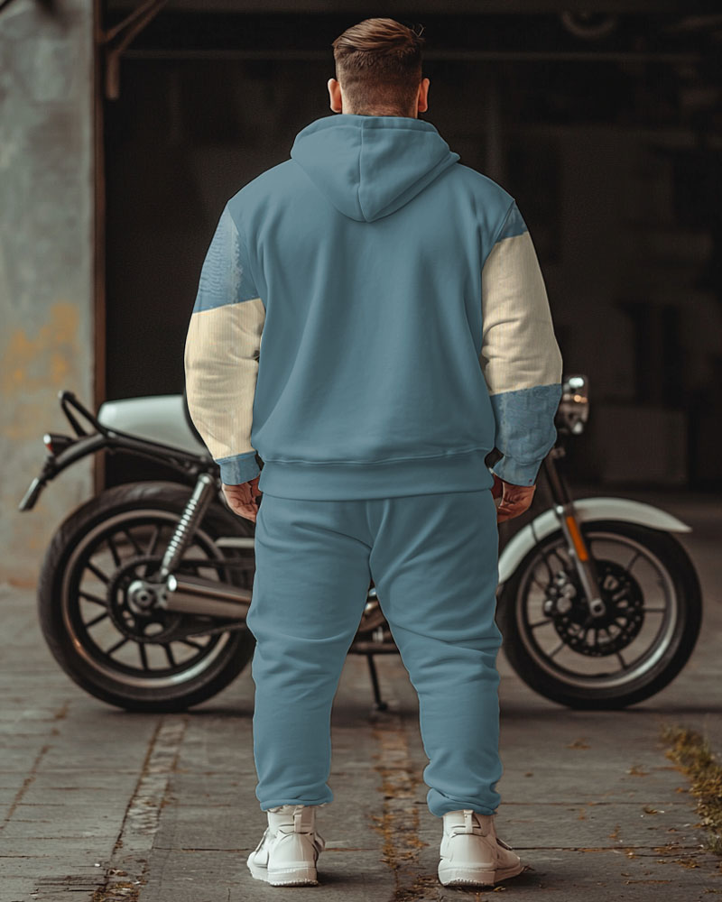 Men's Street Fashion Blue Motorcycle Letters Plus Size Hoodie Suit
