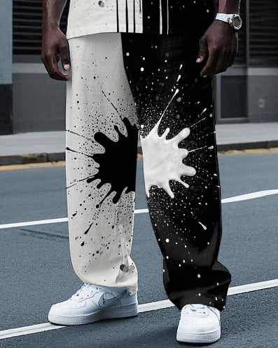 Big Men's Artistic Black & White Half Splicing Ink Spash Printed Short Sleeve T-shirt Pants Set