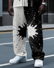 Big Men's Artistic Black & White Half Splicing Ink Spash Printed Short Sleeve T-shirt Pants Set
