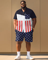 Men's Plus Size Independence Day Flag Patchwork Printed Short Sleeve Shirt Shorts Suit