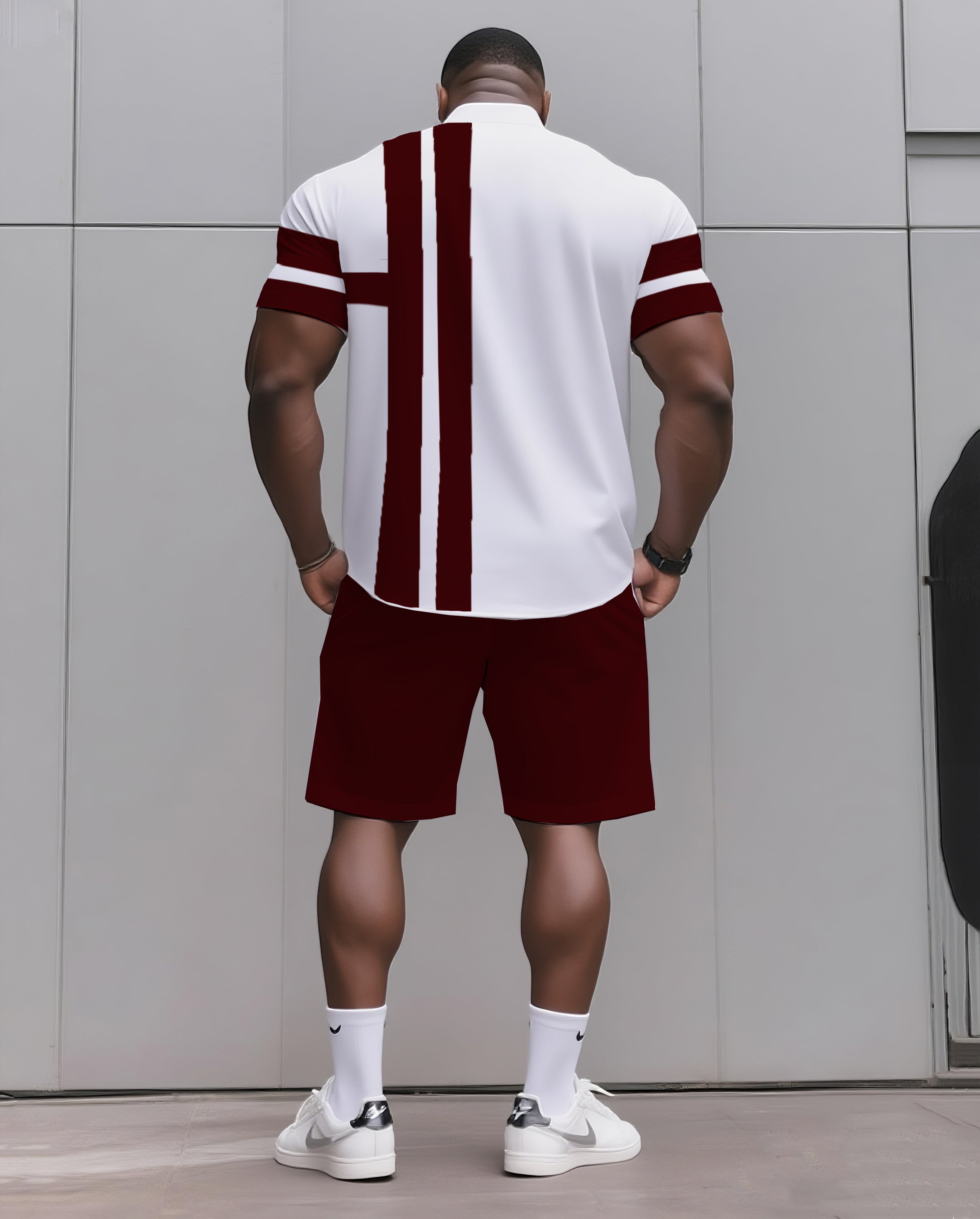 Big & Tall Men's Daily Casual Black & Grey & Wine Red & Fluorescent Green & Blue & Dark Blue. Big Striped Shirt Shorts Suit