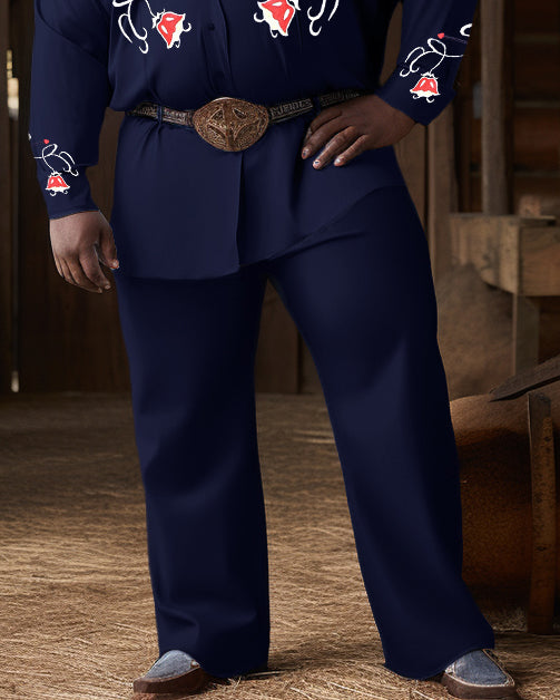 Men's Plus Size Western Denim Style Floral Long Sleeve Trousers Two-Piece Set