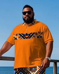 Men's Big & Tall Vintage Style Geometric Pattern Printed Casual Short Sleeve Polo Shirt Shorts Set