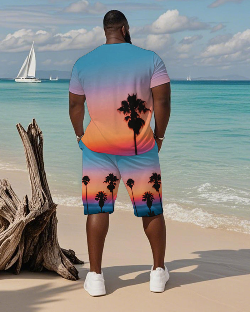 Men's Plus Size Hawaiian Gradient Sunset Coconut Tree Print Short-sleeved T-shirt Shorts Suit