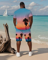 Men's Plus Size Hawaiian Gradient Sunset Coconut Tree Print Short-sleeved T-shirt Shorts Suit
