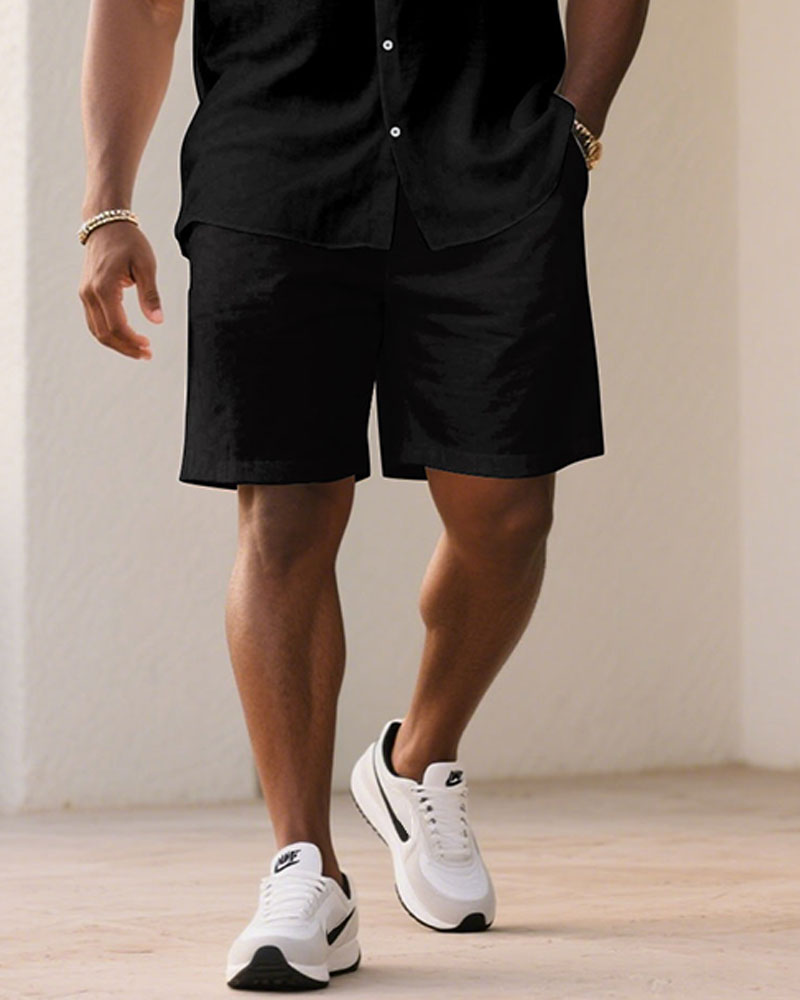 Men's Plus Size Gray Texture Fabric Stitching Black Fashion Short Sleeve Shirt Shorts Suit