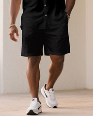 Men's Plus Size Gray Texture Fabric Stitching Black Fashion Short Sleeve Shirt Shorts Suit