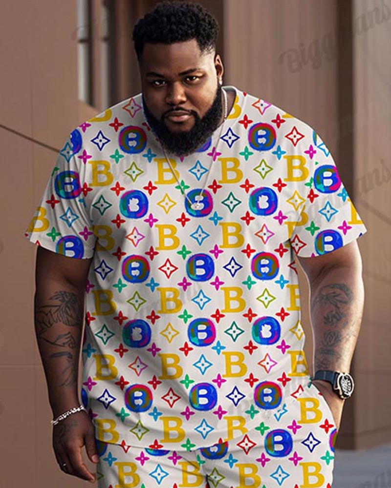 Men's Plus Size Trendy Letter Color Pattern Printed T-shirt Trousers Suit