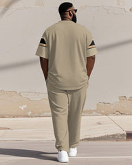 Men's Plus Size Khaki Color-block Line Print Henry Collar T-shirt Trousers Suit