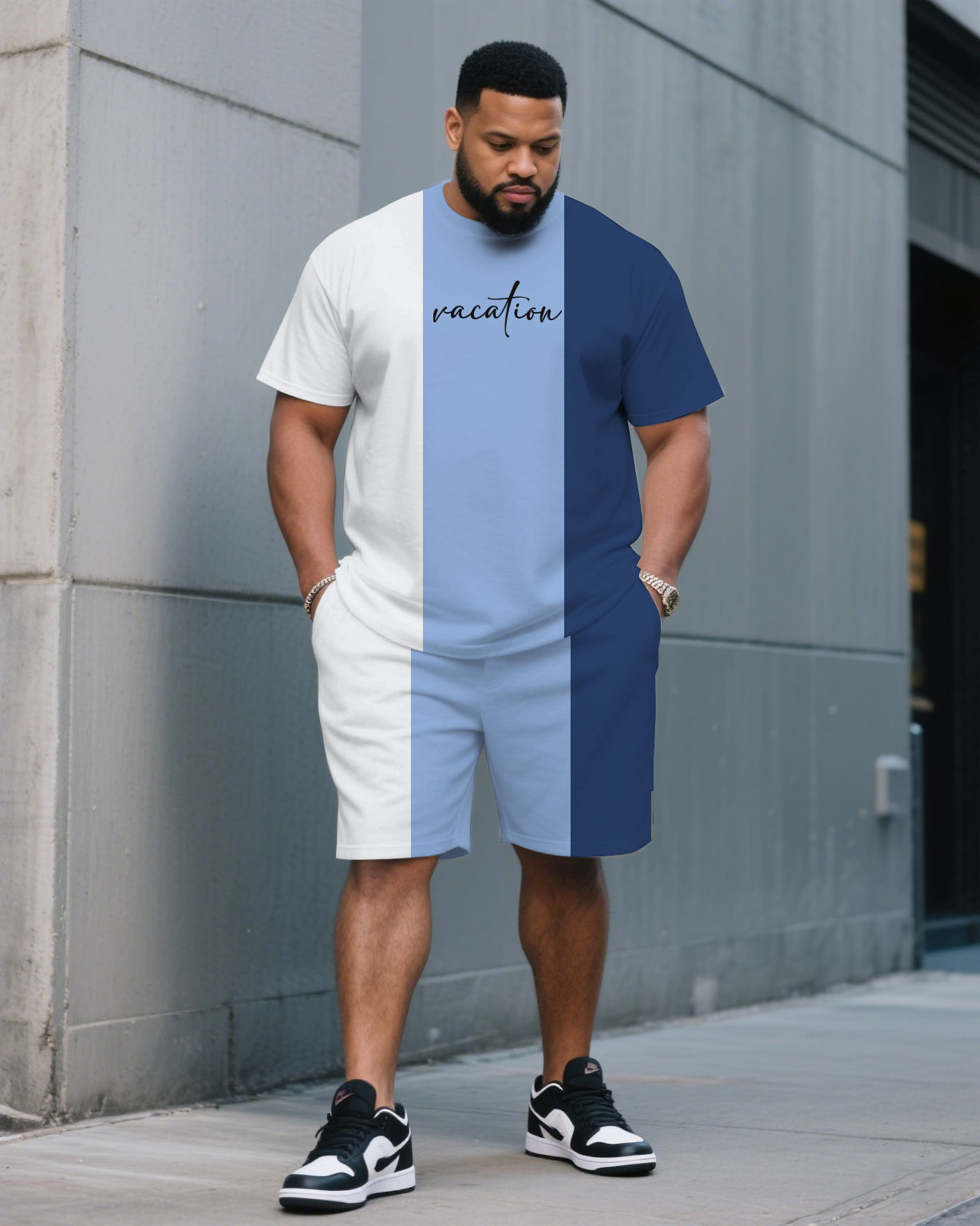 Men's Plus Size White & Blue Colorblock Chest Holiday Slogan Printed Round Neck Short-sleeved T-shirt Half-length Pants Suit
