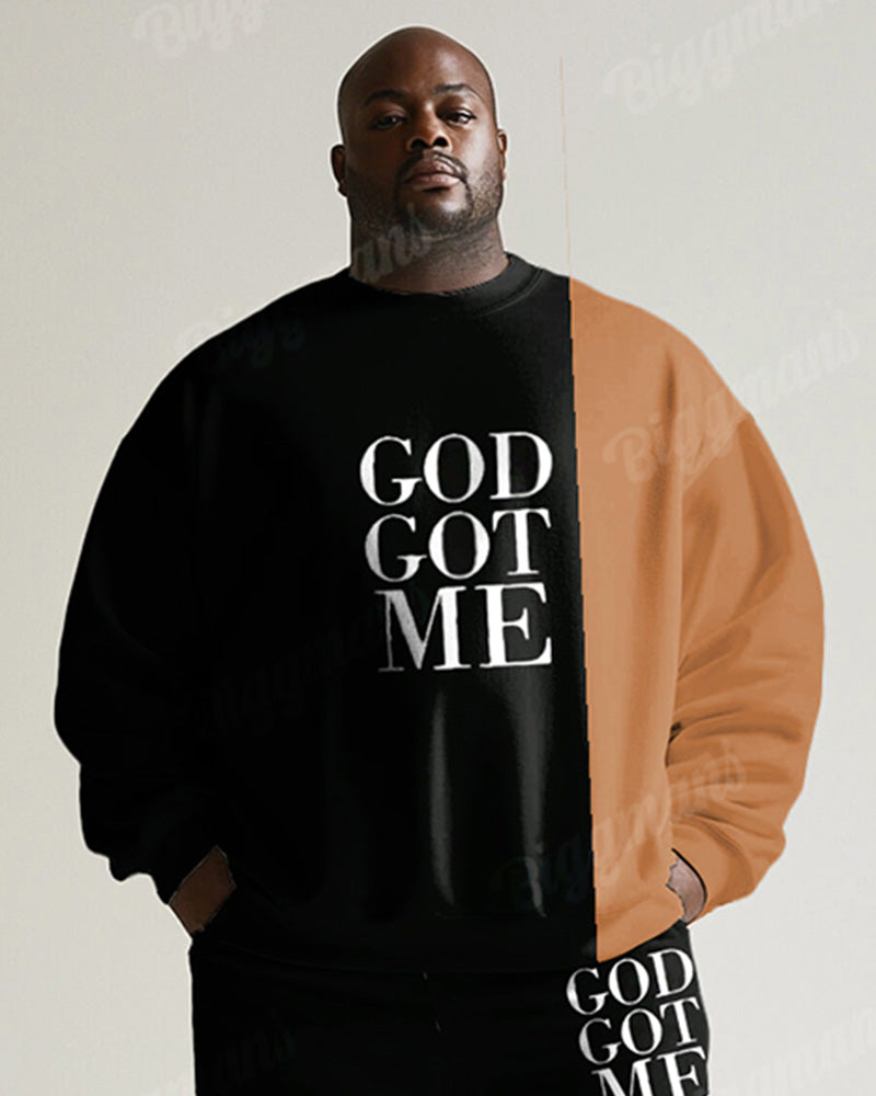 Men's Black & Orange GOD GOT ME Letter Big & Tall Crewneck Sweatshirt Set
