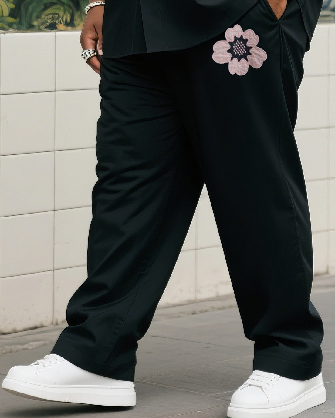 Big Boy Daily Casual Black Simple Flower Short Sleeve Shirt Trousers Suit