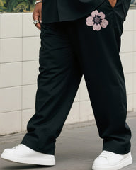 Big Boy Daily Casual Black Simple Flower Short Sleeve Shirt Trousers Suit