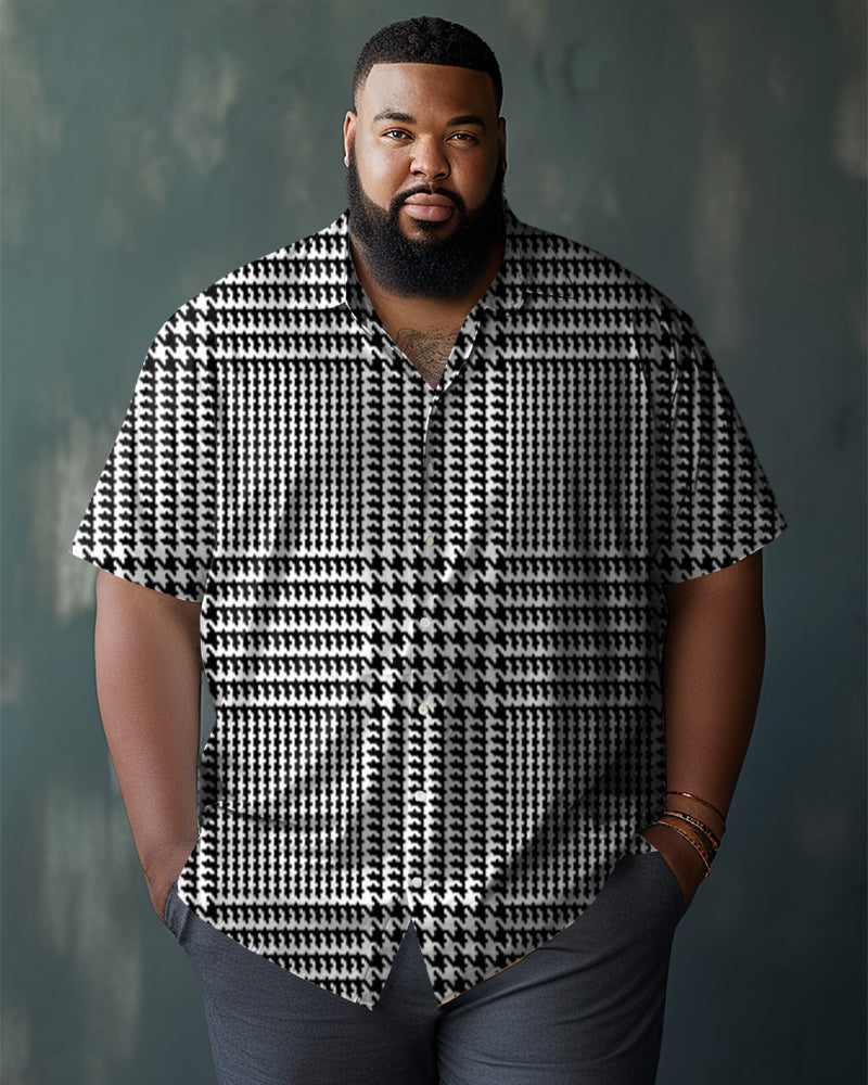 Men's Plus Size Business Casual Houndstooth Graphic Lapel Short Sleeve Shirt