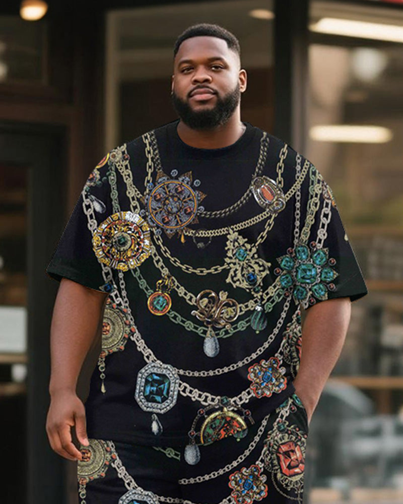 Big & Tall Men's Black Retro Luxury Chain Printed Round Neck Short Sleeve T-Shirt Shorts Suit