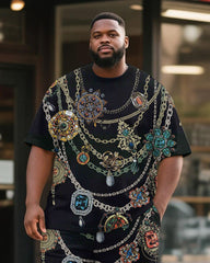 Big & Tall Men's Black Retro Luxury Chain Printed Round Neck Short Sleeve T-Shirt Shorts Suit