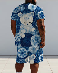 Men's Plus Size Blue Tie Dye Bear Print Short Sleeve T-Shirt Shorts Suit
