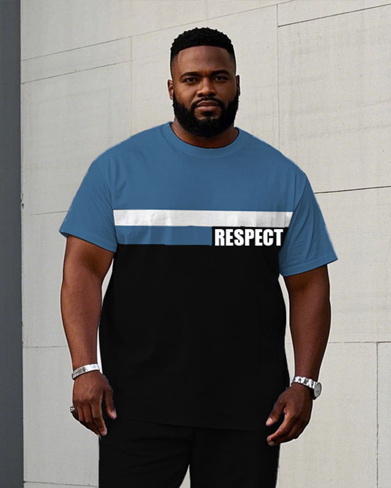 Men's Plus Size Casual Black & Blue "Respect" Slogan Chest Print Short Sleeve T-Shirt Trousers Suit