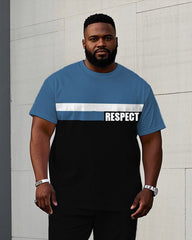 Men's Plus Size Casual Black & Blue "Respect" Slogan Chest Print Short Sleeve T-Shirt Trousers Suit