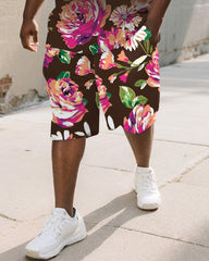 Men's Plus Size Street Brown Gradient Graffiti Rose Print Round Neck Short Sleeve T-Shirt Shorts Suit