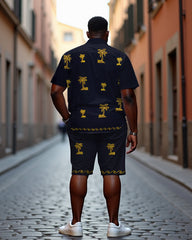 Men's Plus Size Hawaiian Fluorescent Black Coconut Casual Cuban Collar Short Sleeve Shirt Shorts Suit