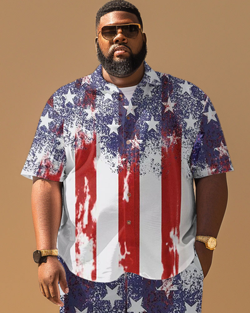 Men's Plus Size Independence Day Flag Splash Ink Stars Print Short Sleeve Shirt Shorts Suit