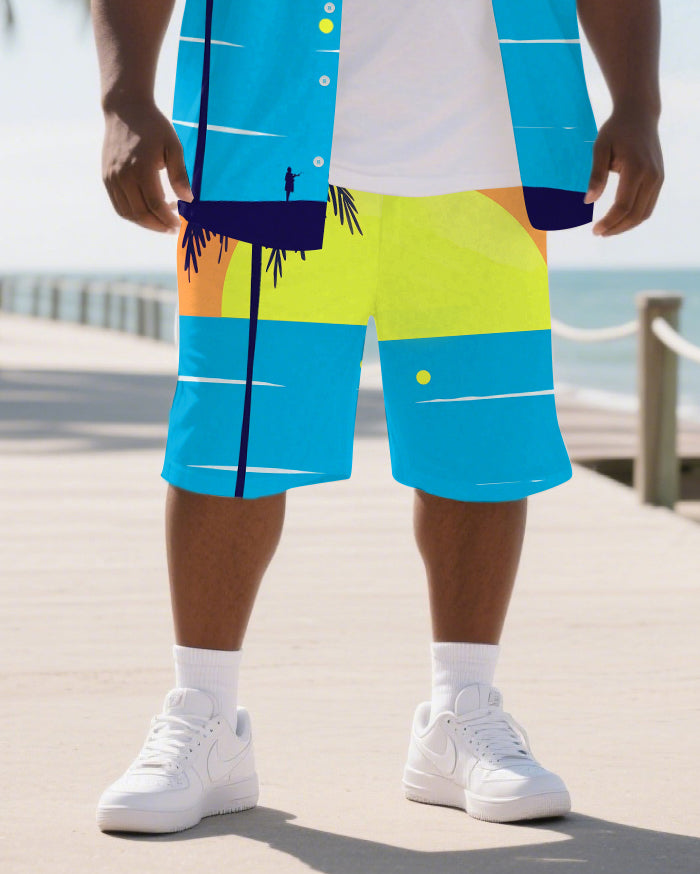 Big Men's Hawaii Theme Splicing Coconut Trees Comic Style Short Sleeve Shirt Shorts Suits