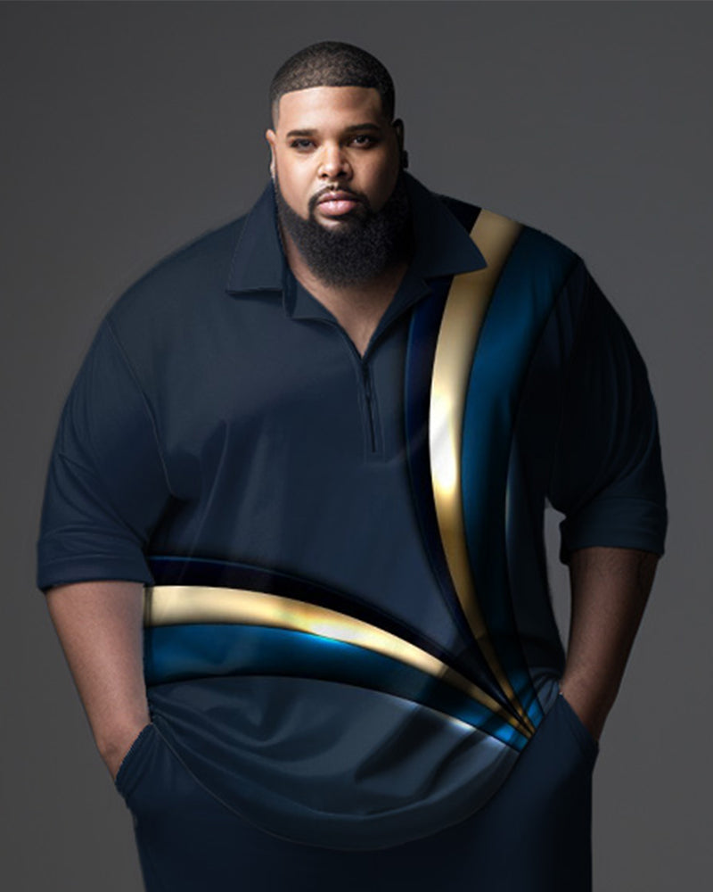 Big Men's Ombre Art  Gentleman Business Polo Zipper Shirt and Pants Two-piece Set