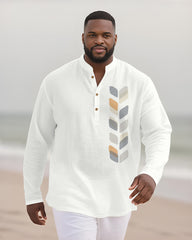Big & Tall Men's Geometric Leaf Print Bamboo Hemp Texture Henley Collar Long Sleeve Shirt