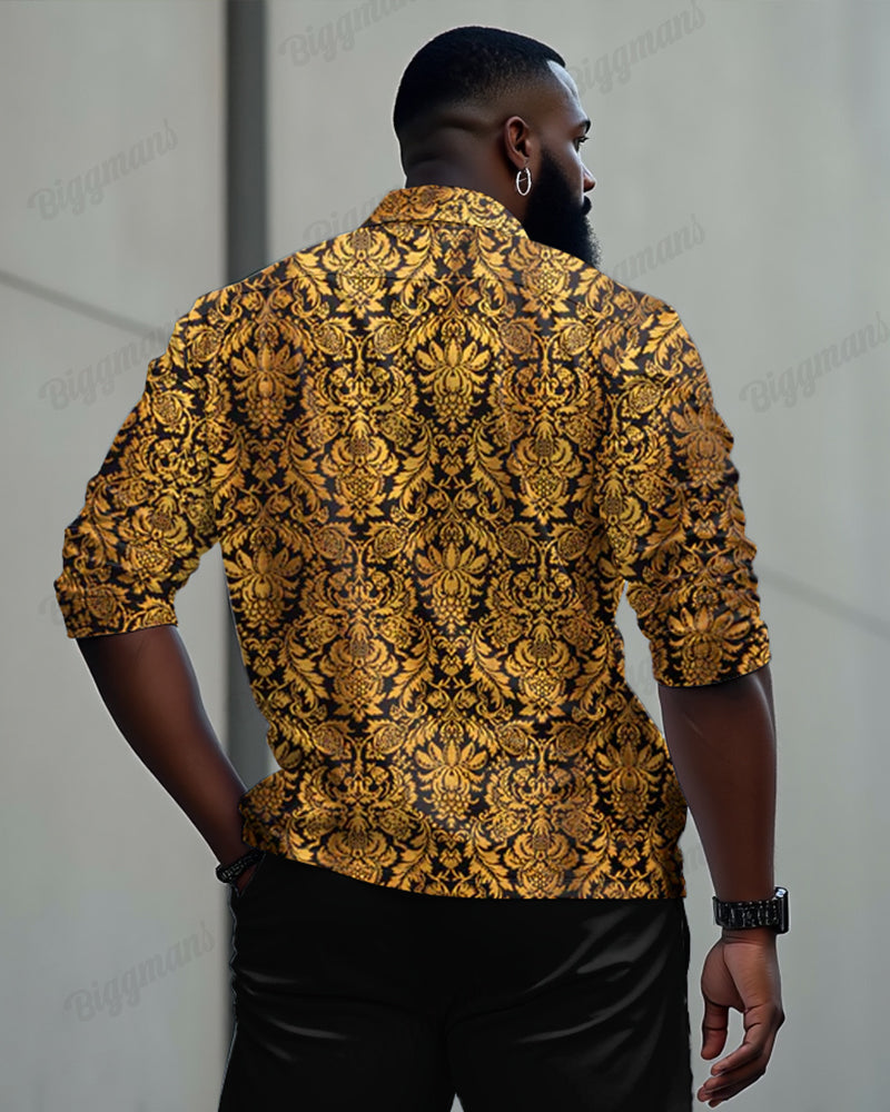 Luxury Vintage Printed Long Sleeve Lel Shirt 2 Piece Set Men's Plus Size