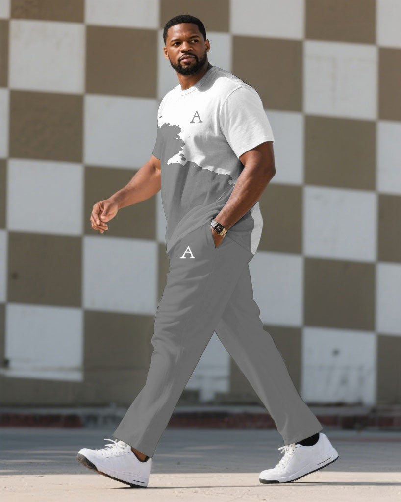 Men's Plus Size Grey & White Distinctive Graffiti Top Small Label Printed Short-Sleeved T-Shirt Trousers Suit
