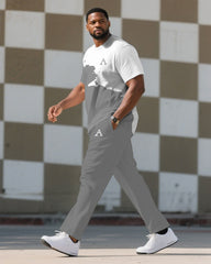 Men's Plus Size Grey & White Distinctive Graffiti Top Small Label Printed Short-Sleeved T-Shirt Trousers Suit