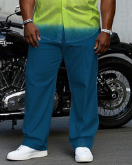 Men's Plus Size White & Yellow & Green & Blue Contrast Color Gradient Chest Small Label Short Sleeve Shirt Pants Suit